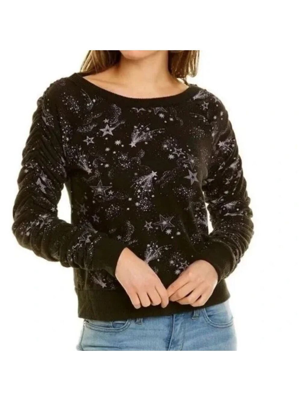 Chaser Bliss Long Sleeve Shirred Pullover Sweater Mystical Star Print Size Small